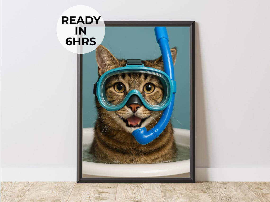 Cat with Snorkel Mask Poster Funny Tabby in Dive Gear Beach Art Gift