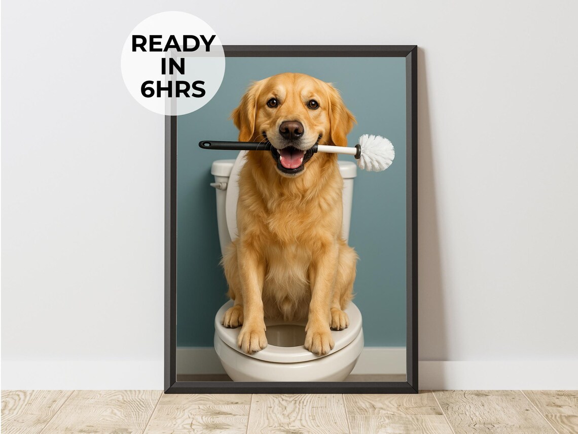 Funny Dog On Toilet Portrait, Bathroom Art
