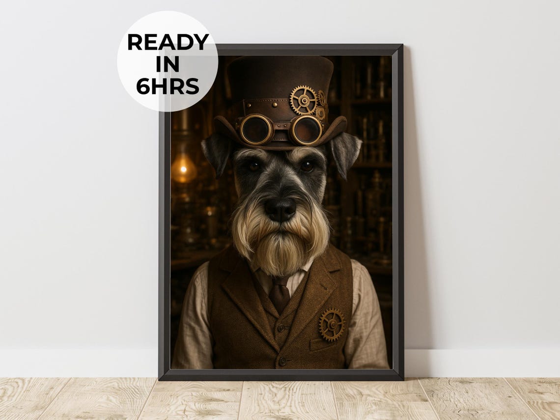 Dapper Schnauzer Steampunk Inventor Top Hat Goggles Portrait Poster