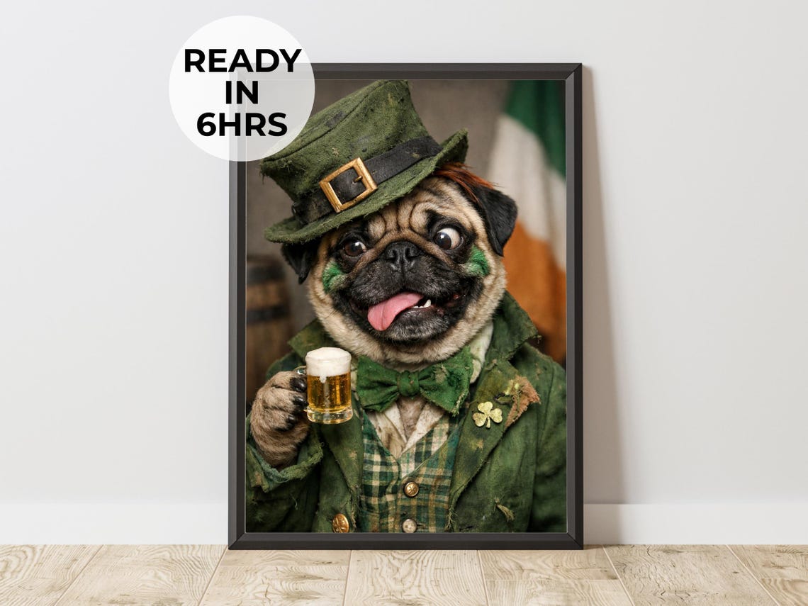 Custom Pug Leprechaun Costume St Patricks Day Pet Portrait Poster