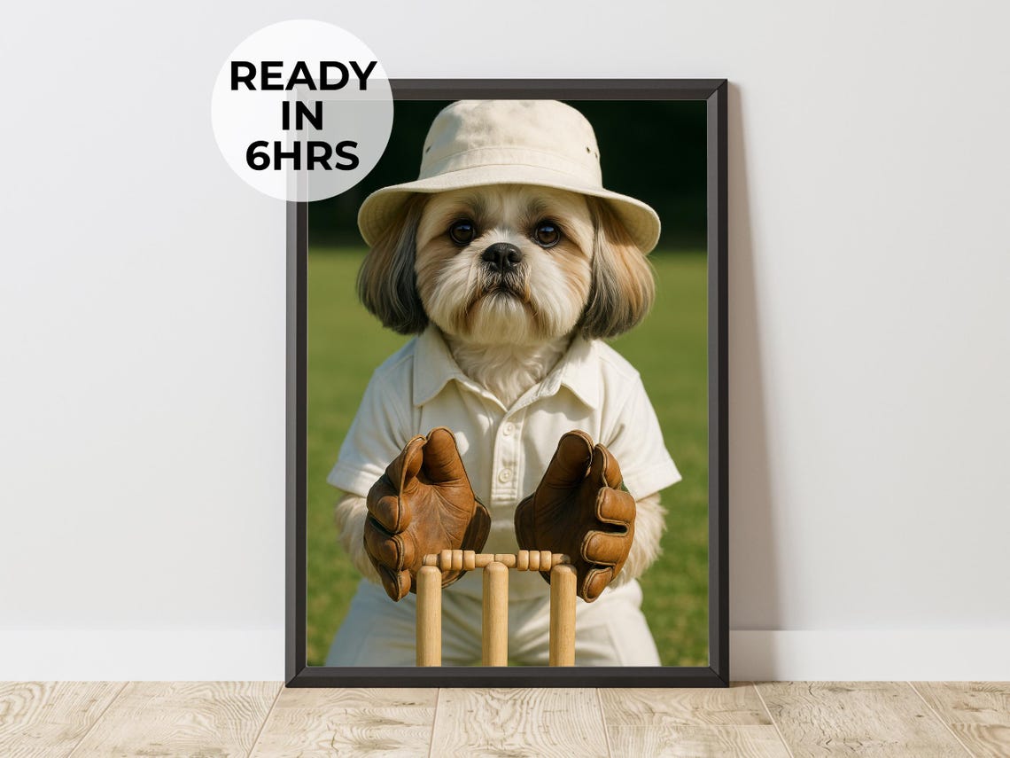Custom Dog Portrait as a Cricket Wicket Keeper With Stumps Wall Art