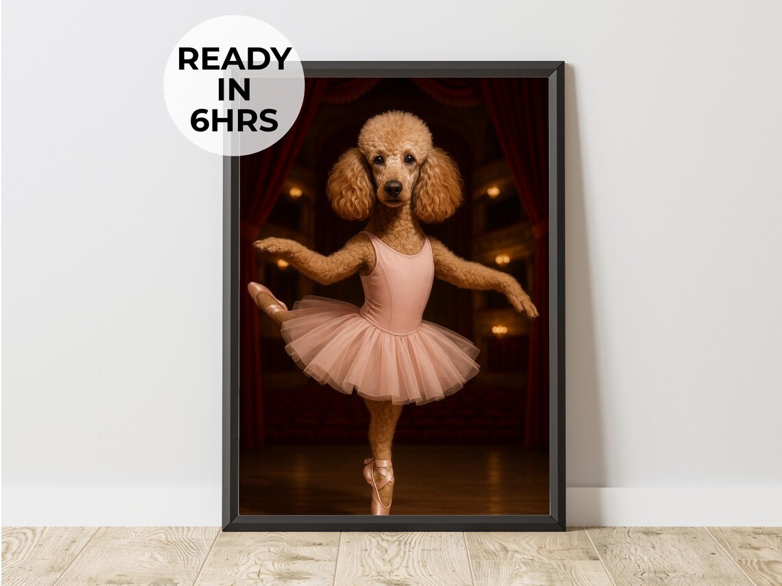 Custom Poodle Dog Portrait as a Ballerina in Pink Tutu on Stage Wall Art