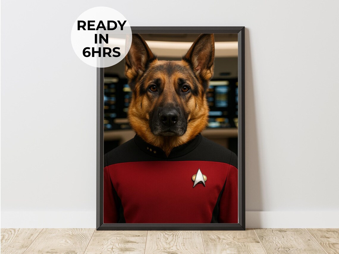 German Shepherd In Red Starfleet Uniform Dog Captain Sci Fi Portrait Poster