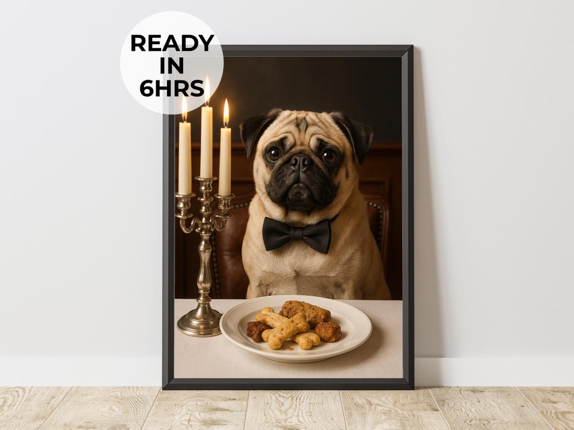 Dapper Pug Candlelit Date Night Dinner Custom Dog Portrait Poster