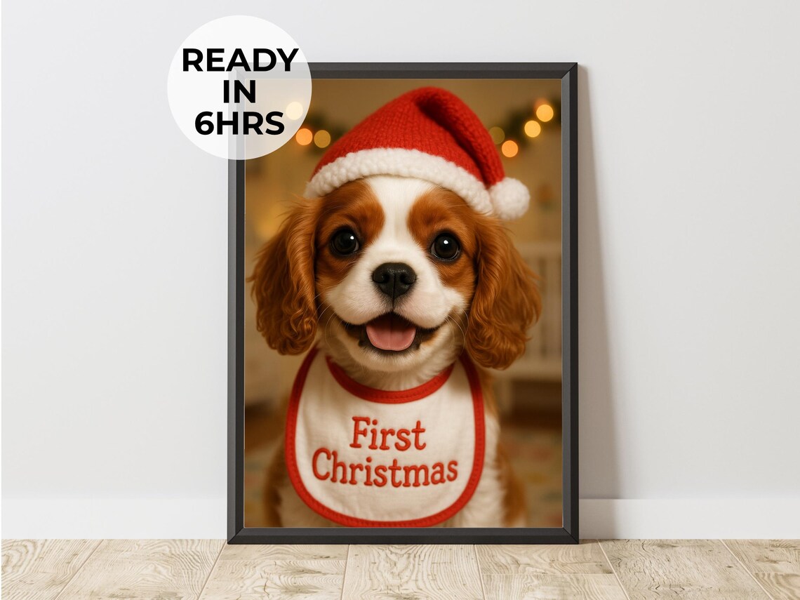 Custom Pets First Christmas Portrait, Holiday Keepsake