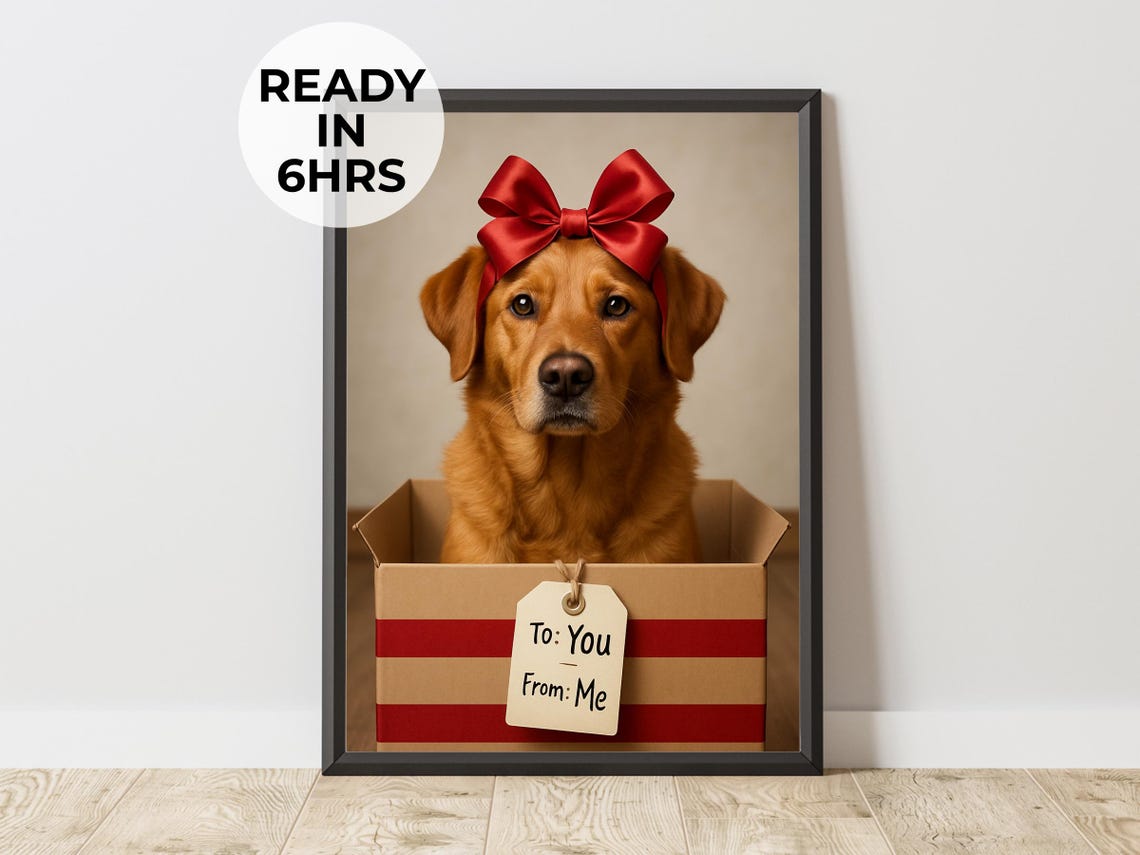 Golden Retriever Gift Box Red Bow Holiday Dog Portrait Poster