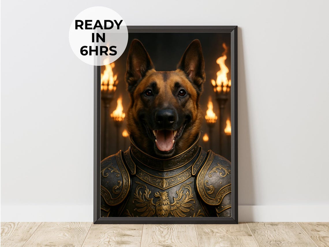 Belgian Malinois Knight Medieval Dark Armor Castle Dog Portrait Poster