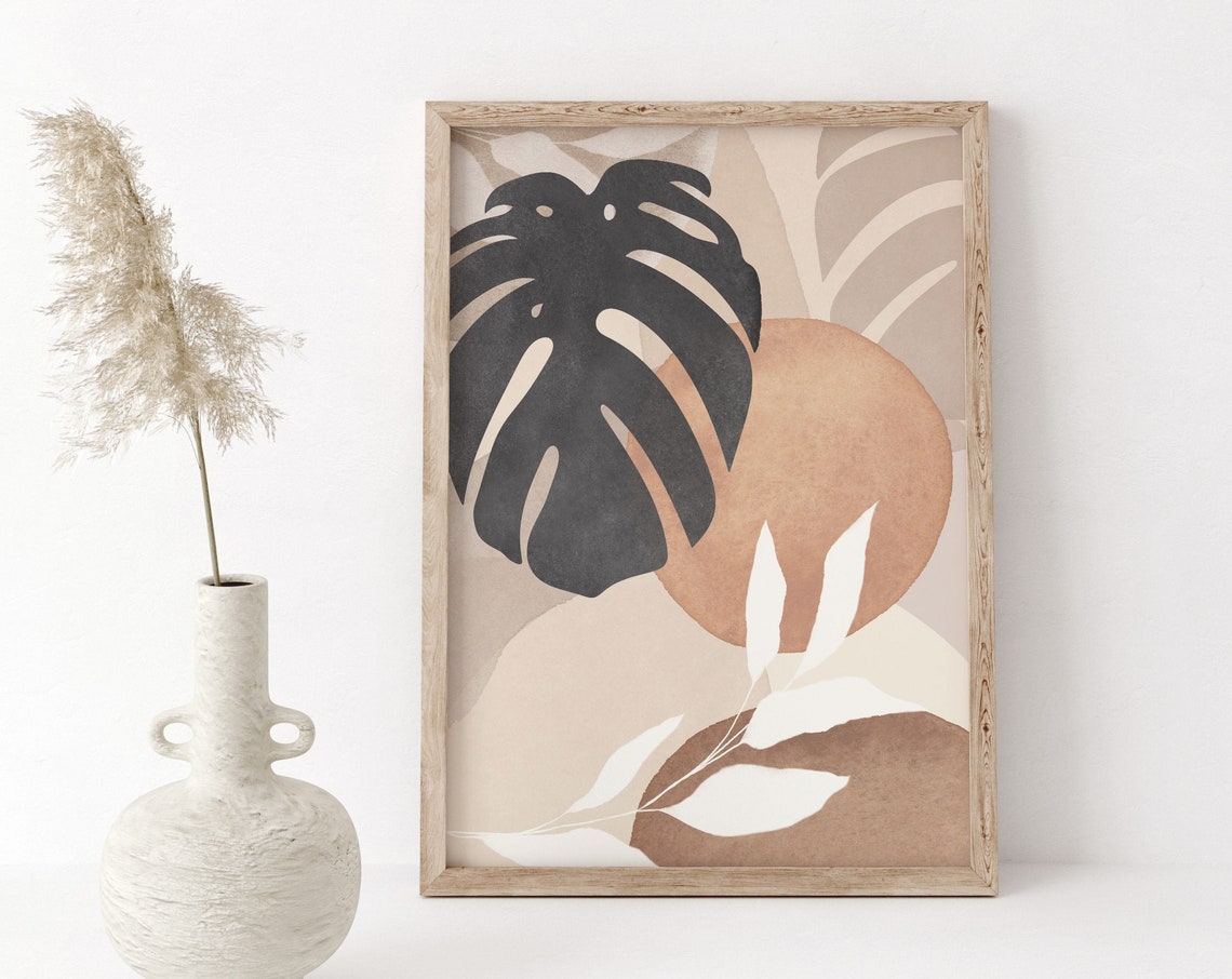 Black Monstera Silhouette Sun Boho Botanical Abstract Wall Art