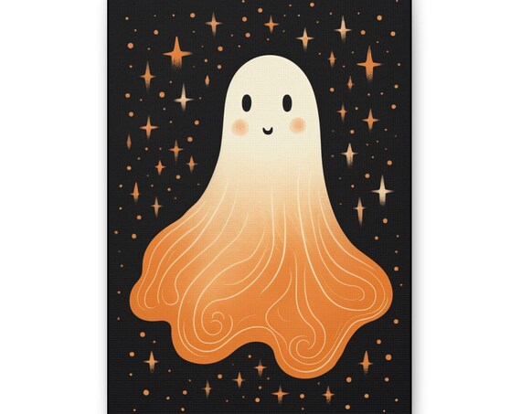 Whimsical Orange Ghost With Sparkles on Black Halloween Night Poster