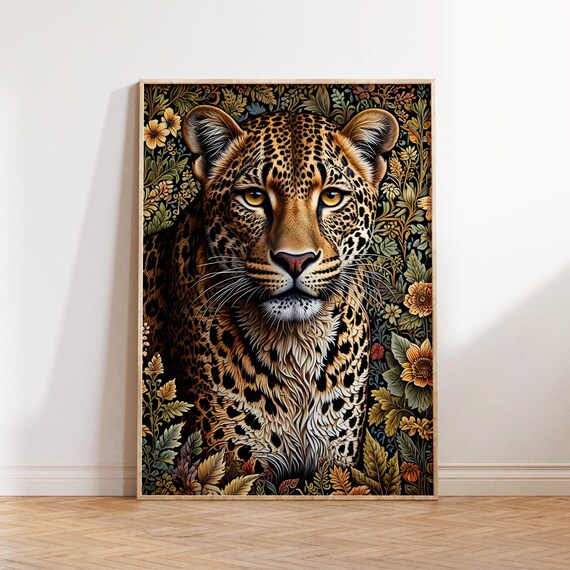 Leopard Portrait Floral Botanical Vintage Style Wall Decor Poster