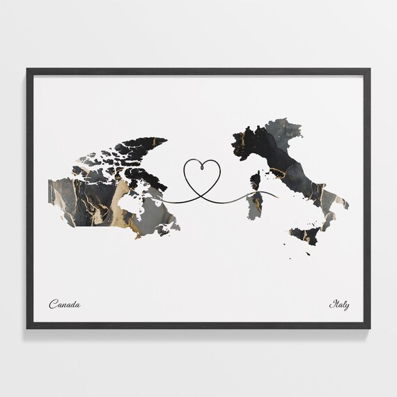 Canada to Italy Black Gold Marble Long Distance Heart Map Poster