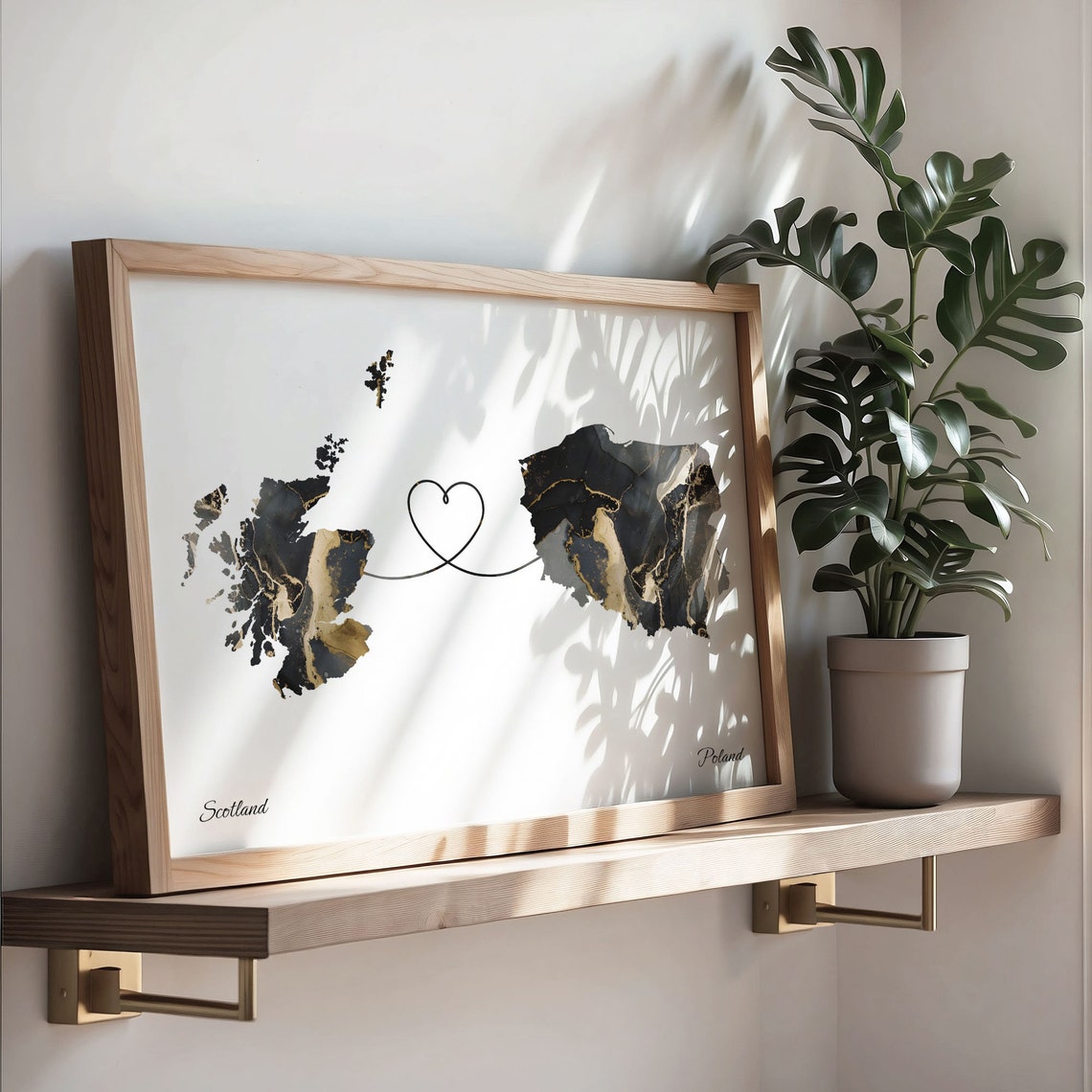 Scotland and Poland Black Gold Marble Heart Connection Map Poster - Image 3