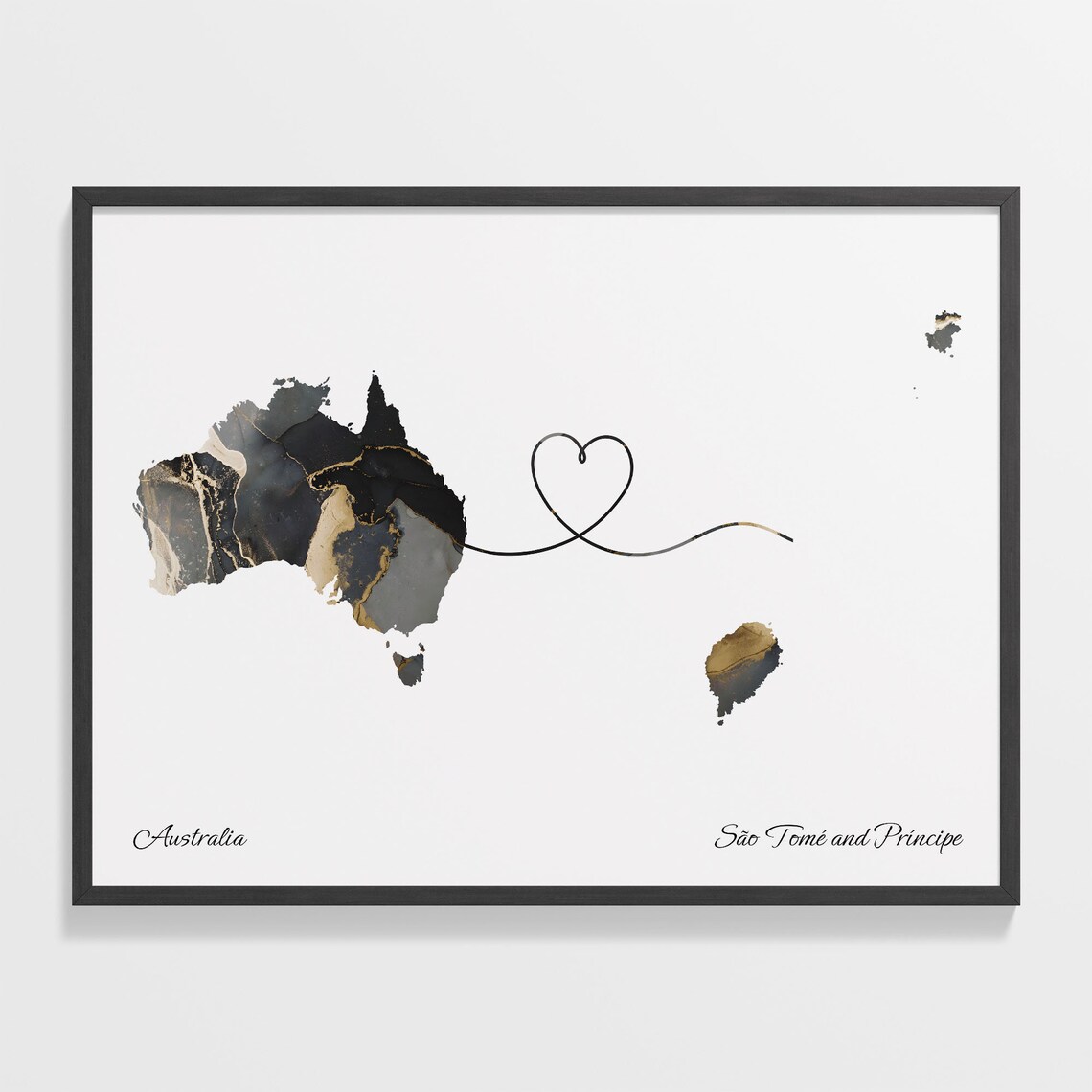 Australia São Tomé and Príncipe Long Distance Love Heart Marble Map Gift Poster