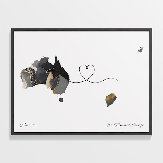 Australia São Tomé and Príncipe Long Distance Love Heart Marble Map Gift Poster