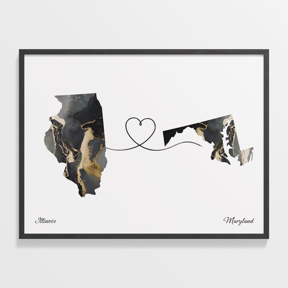 Illinois to Maryland Marble State Map Heart Love Gift Poster