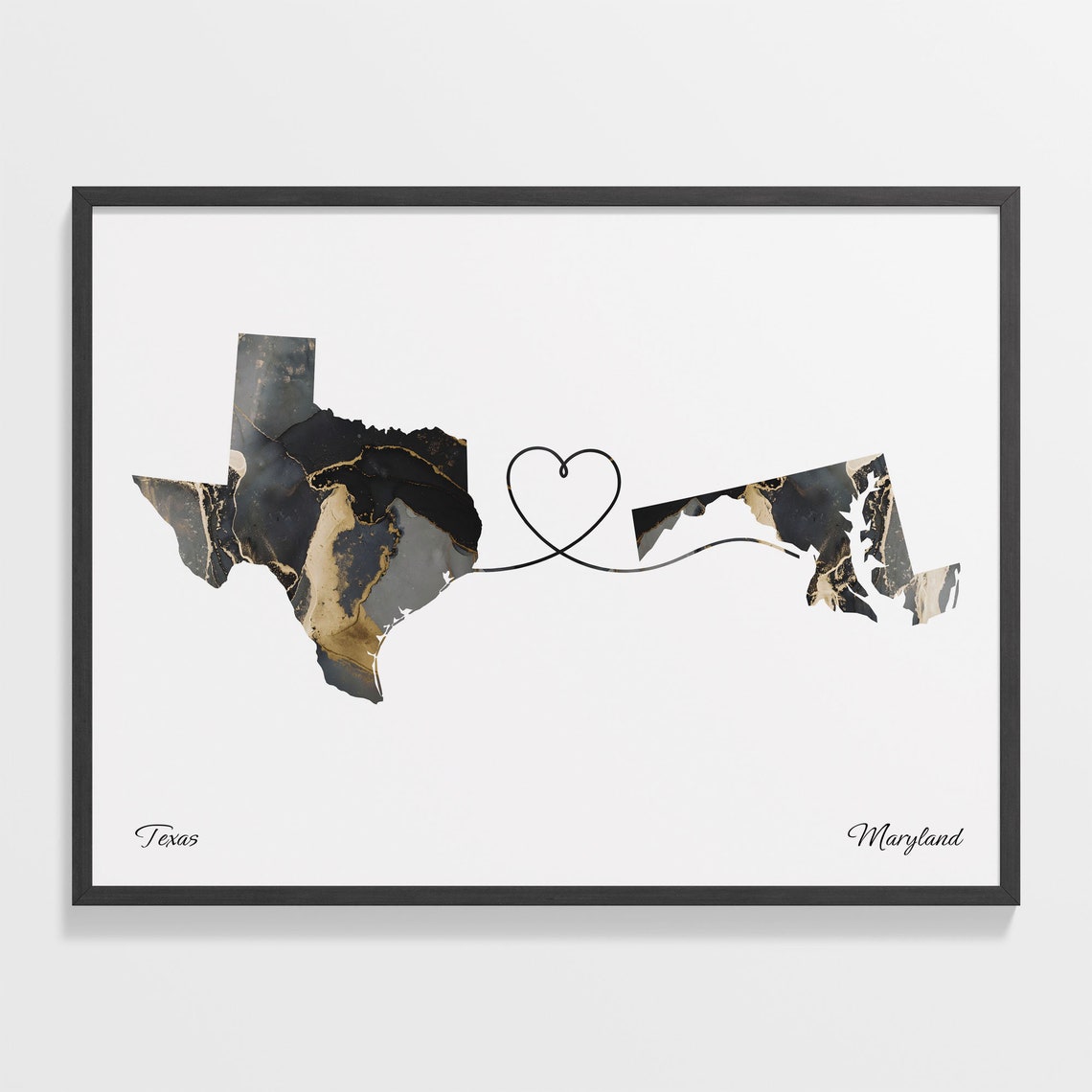 Texas Maryland Long Distance Love Black Marble Heart Map Poster