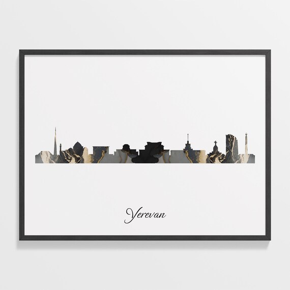 Yerevan Armenia Marble Skyline Black Gold Minimalist Cityscape Poster
