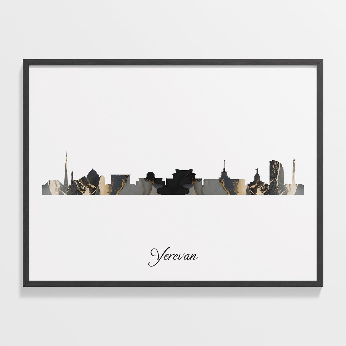 Yerevan Armenia Marble Skyline Black Gold Minimalist Cityscape Poster