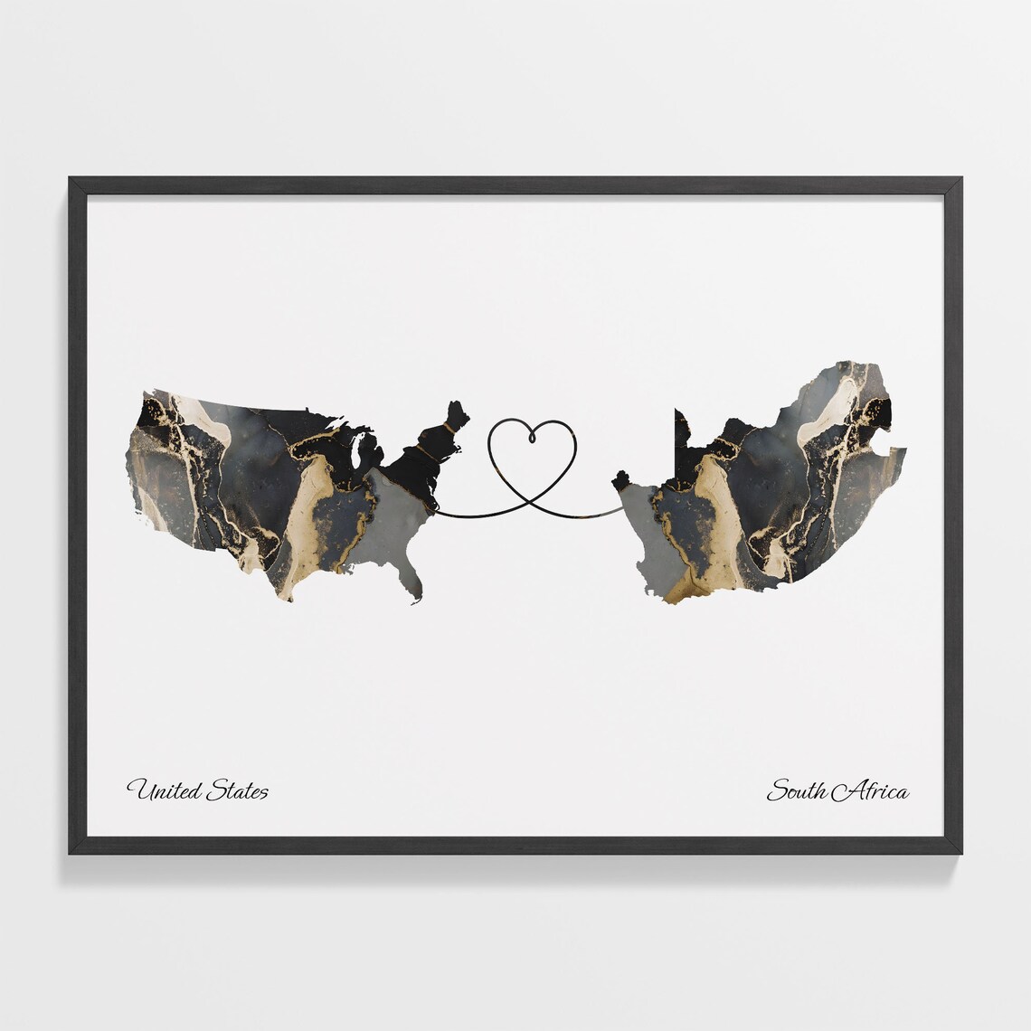 USA to South Africa Map Poster, Marble Travel Print