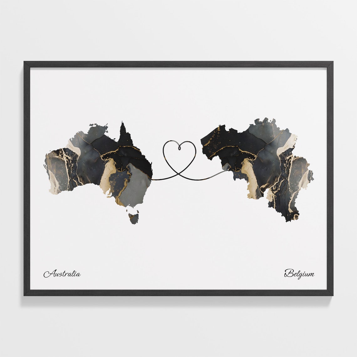 Australia Belgium Marble Map Heart Long Distance Love Gift Poster