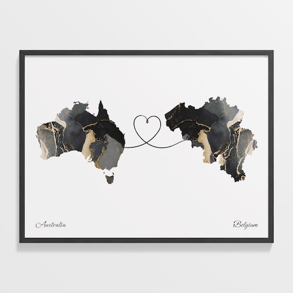 Australia Belgium Marble Map Heart Long Distance Love Gift Poster