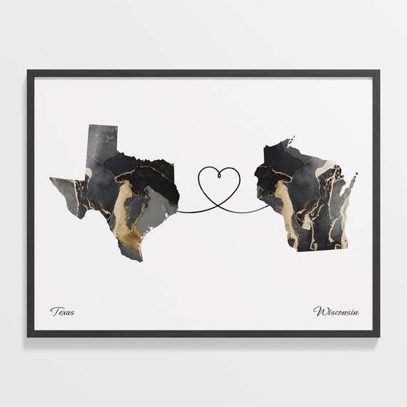 Texas Wisconsin Long Distance Love Heart Marble Map Gift Poster
