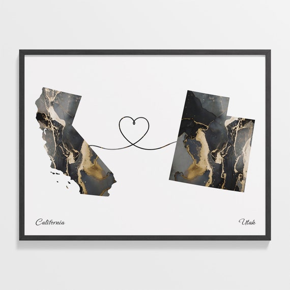 California To Utah Travel Map Poster, Two Countries