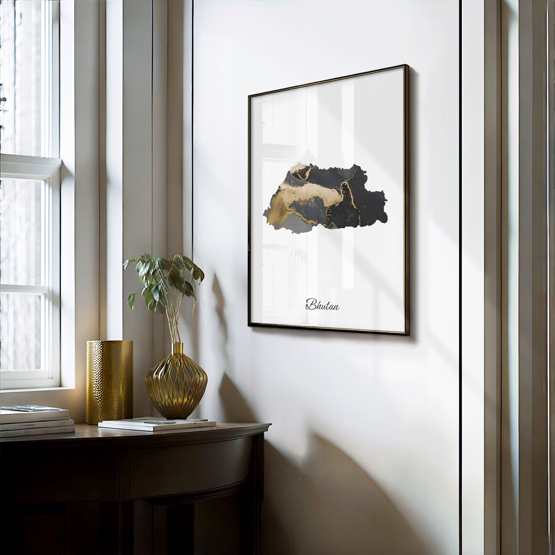 Bhutan Black and Gold Marble Silhouette Country Map Art Poster - Image 3