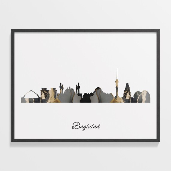 Baghdad Skyline Marble Silhouette Print Iraq Cityscape Home Decor