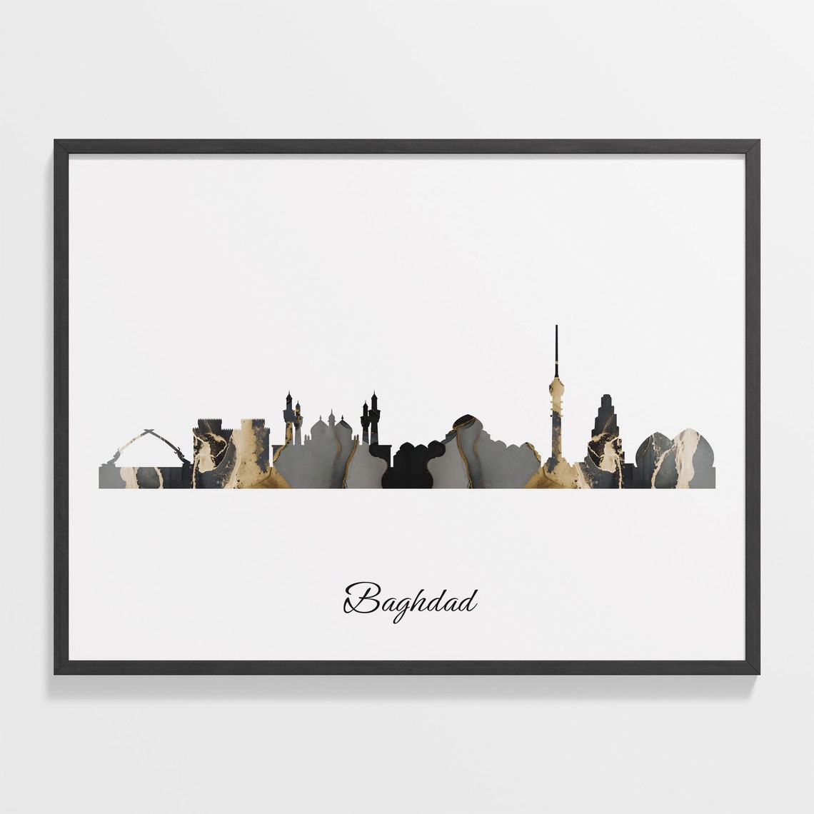Baghdad Skyline Marble Silhouette Print Iraq Cityscape Home Decor