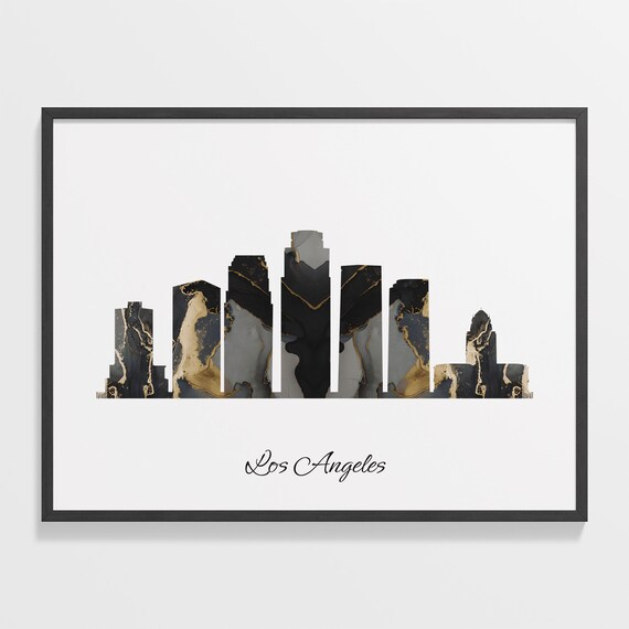 Marble Cityscape Los Angeles Skyline United States Black Gold Elegant Art Poster