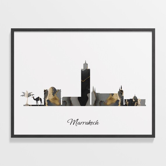 Marrakech Luxury Black Gold Marble City Skyline Silhouette Poster
