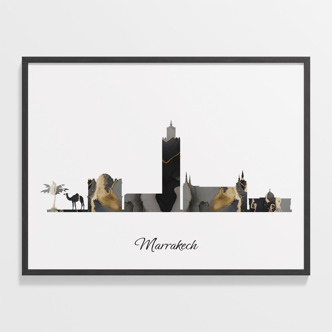 Marrakech Luxury Black Gold Marble City Skyline Silhouette Poster
