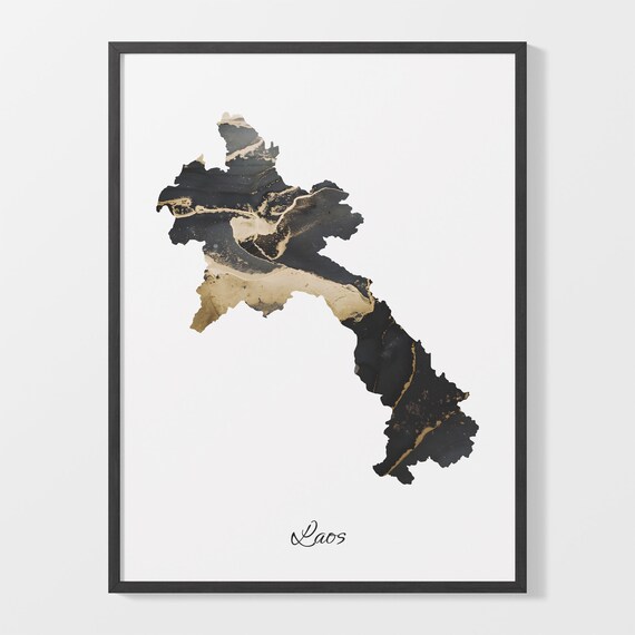 Laos Modern Black Gold Marble Country Map Office Wall Decor Art Poster