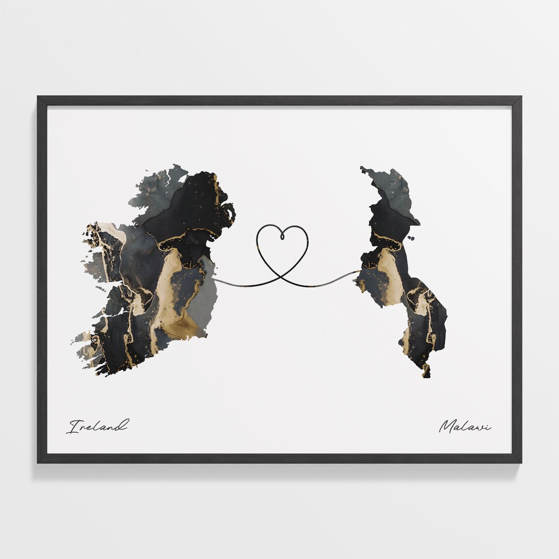 Ireland To Malawi Black Gold Marble Two Country Heart Map Poster