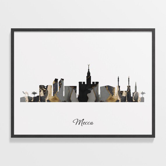 Mecca Skyline Black Gold Marble Cityscape Saudi Arabia Travel Decor Poster