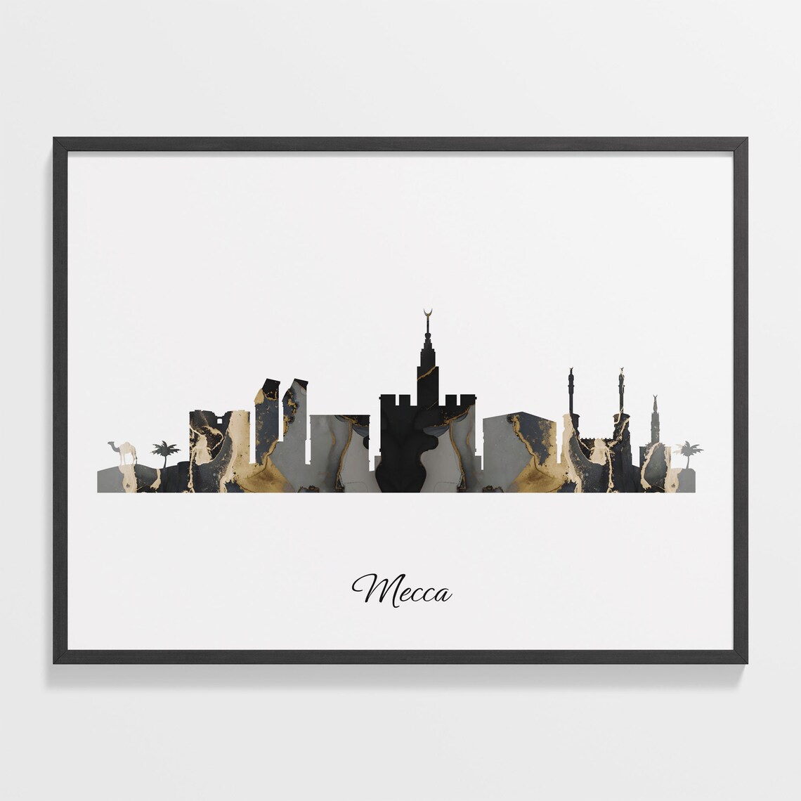 Mecca Skyline Black Gold Marble Cityscape Saudi Arabia Travel Decor Poster