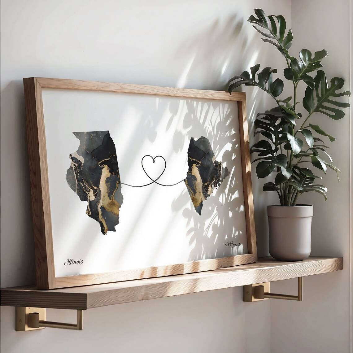 Long Distance Illinois to Maine Heart Connection Marble Map Poster - Image 3