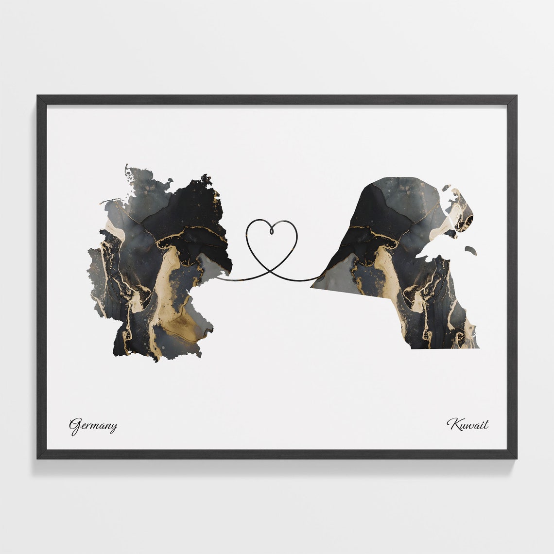 Germany and Kuwait Marble Heart Connected Countries Map Poster