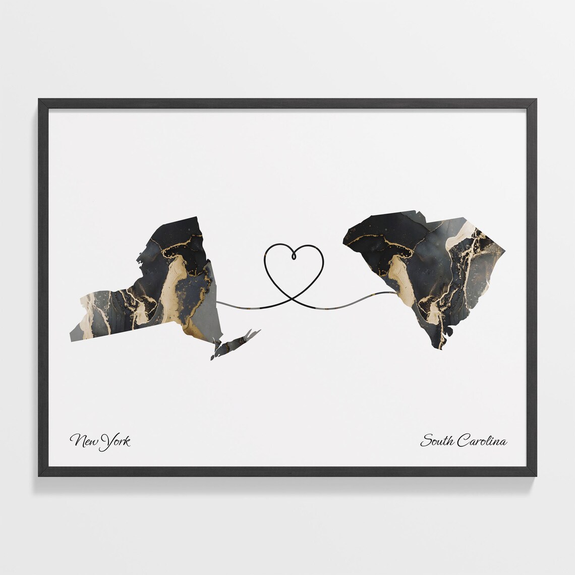 New York South Carolina Marble State Map Poster Heart Line Long Distance Gift