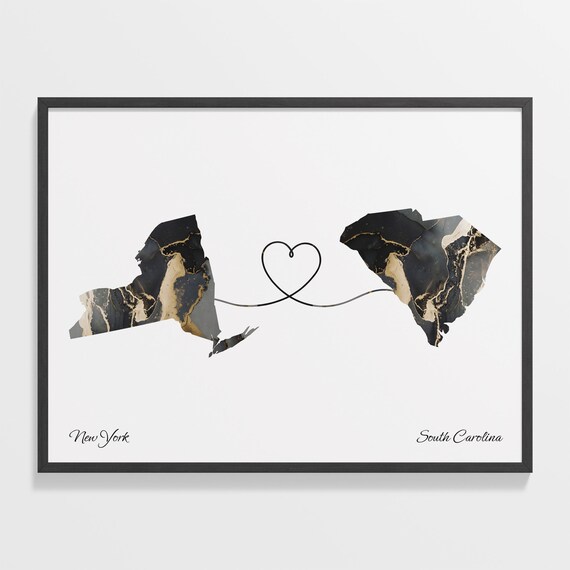 New York South Carolina Marble State Map Poster Heart Line Long Distance Gift