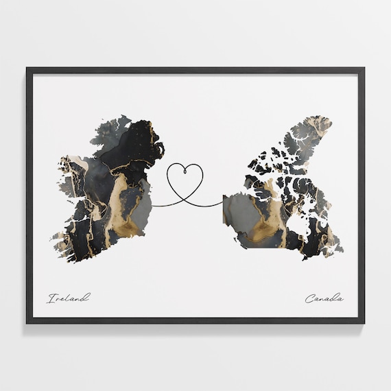 Ireland to Canada Marble Map with Heart Long Distance Love Poster