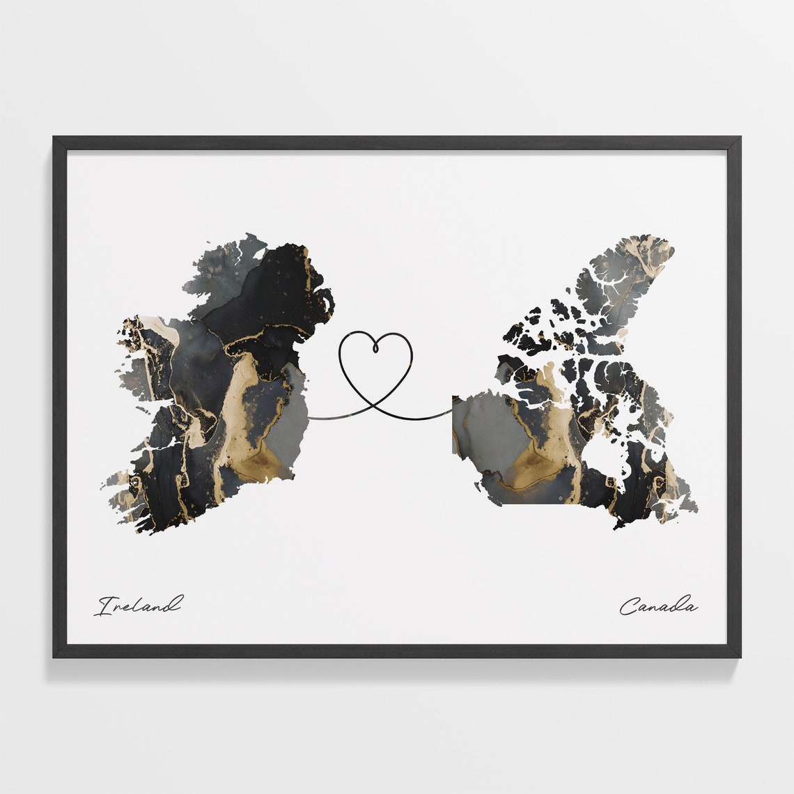Ireland to Canada Marble Map with Heart Long Distance Love Poster