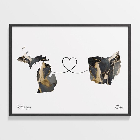Michigan Ohio Long Distance Love Black Gold Marble Map Poster