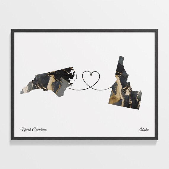 North Carolina to Idaho Two State Long Distance Heart Marble Map Poster