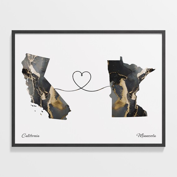 California to Minnesota Black Gold Marble Map Heart Line Art Poster