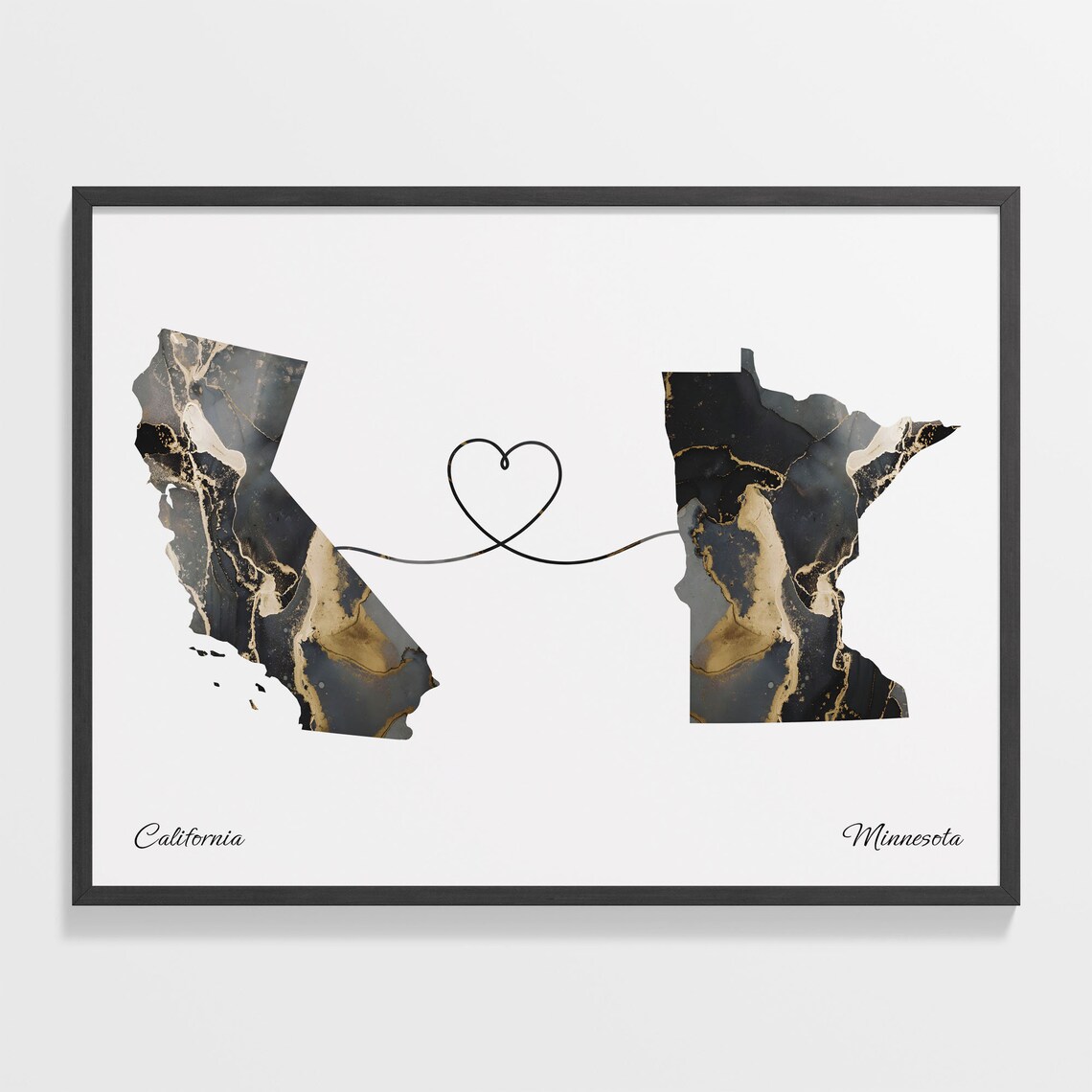 California to Minnesota Black Gold Marble Map Heart Line Art Poster