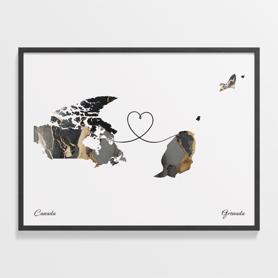Canada Grenada Marble Map Heart Long Distance Love Gift Poster