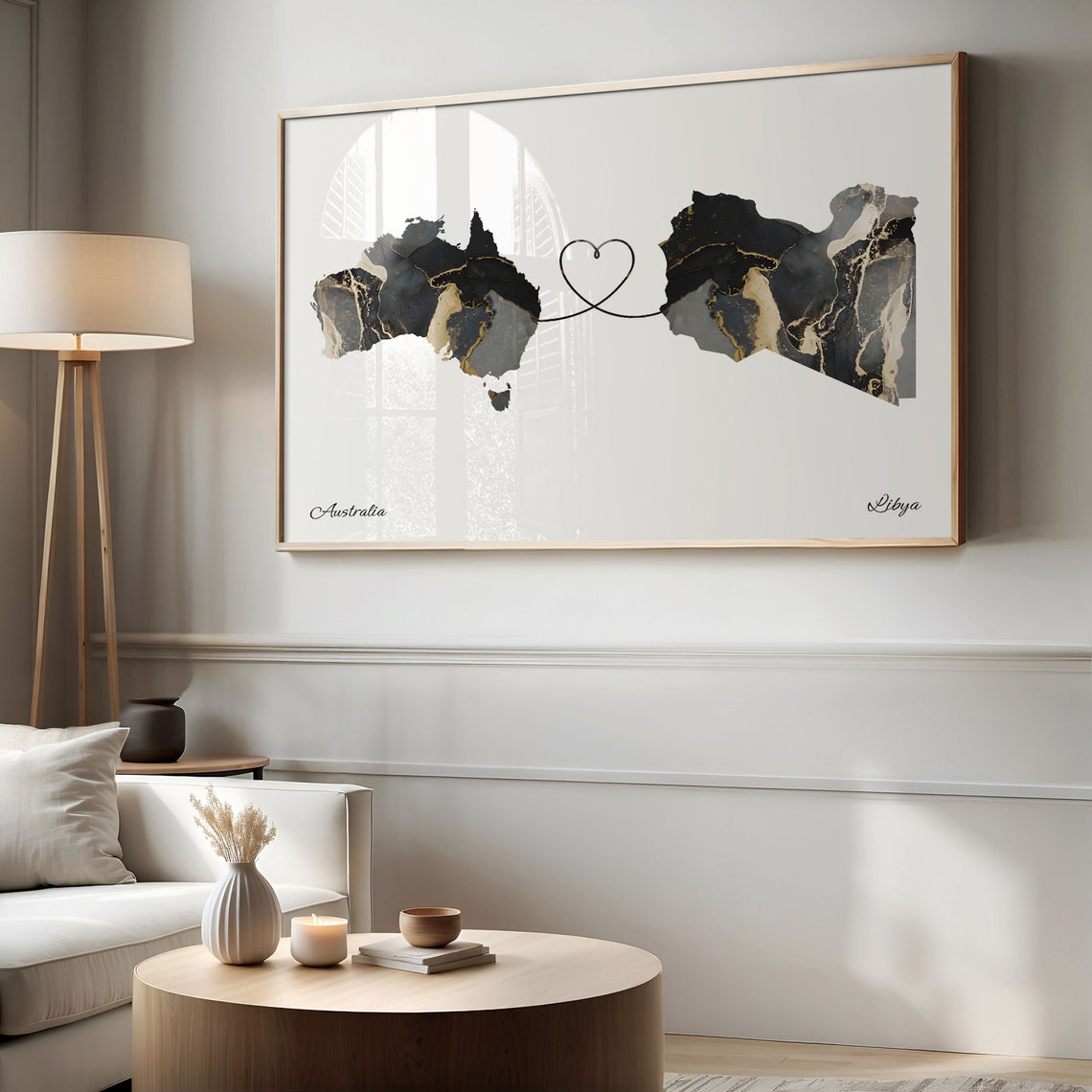 Australia and Libya Two Countries Black Gold Marble Map Poster - Image 2