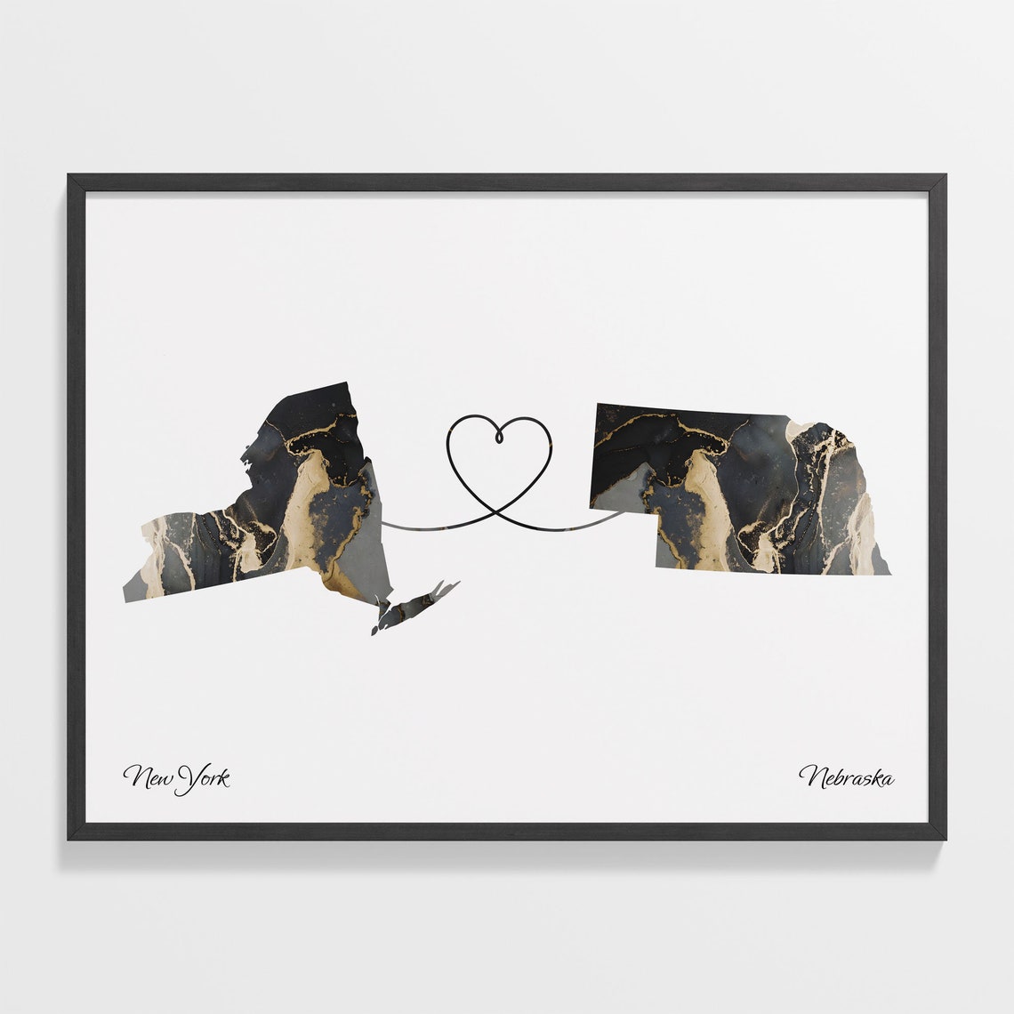 New York Nebraska Marble State Map Poster Heart Line Moving Gift